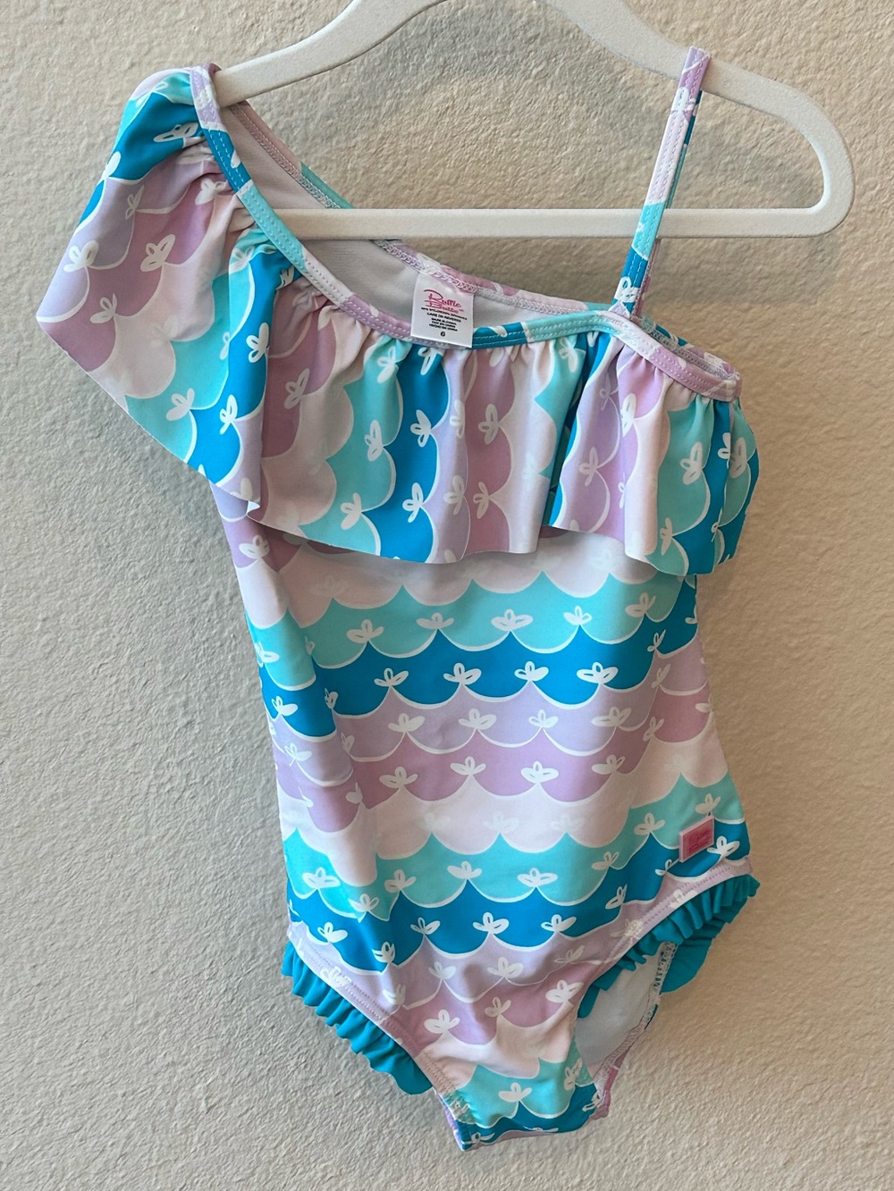 Girls One-Shoulder Ruffle Butts Swimsuit - Pastel Blue & Lilac Mermaid